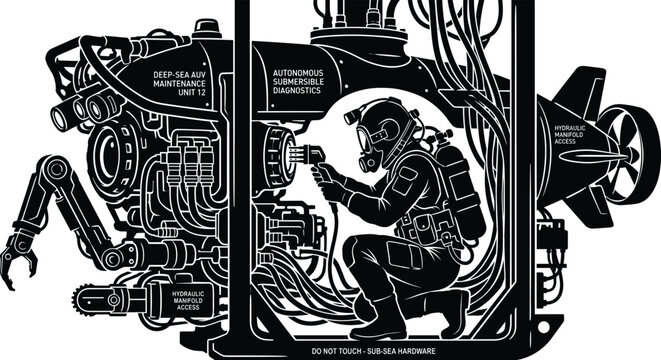 Autonomous Underwater Vehicle And Deep Sea Robotics Technician Silhouette Vector