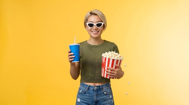 Young woman enjoying movie night with popcorn and soda