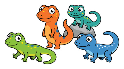 Naklejka premium Smiling gecko characters posing in bright colors, displaying spotted skin, perfect for children s designs
