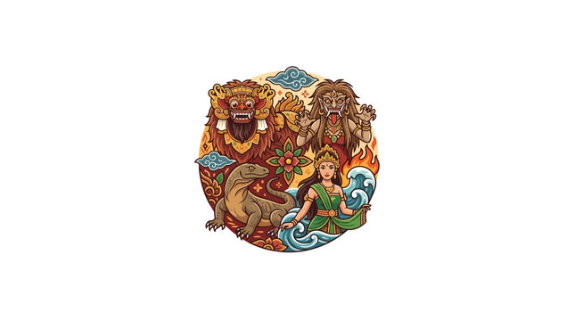 Circular collage of Indonesian mythical creatures and symbols.