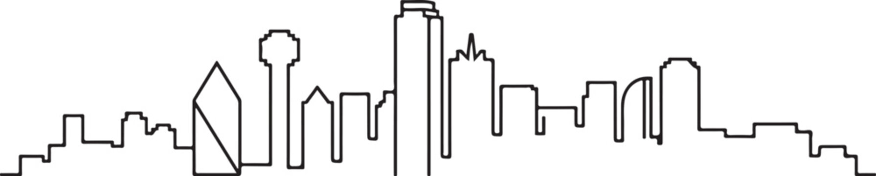 Minimalist continuous line art drawing of the dallas skyline silhouette vector art