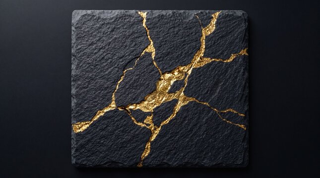 Black Slate Stone Tile With Gold Leaf Kintsugi Cracks On Dark Background