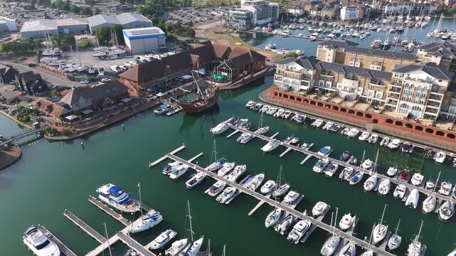 Eastbourne sovereign harbour, Eastbourne, East Sussex, England, June 23rd 2026, Aerial drone video  