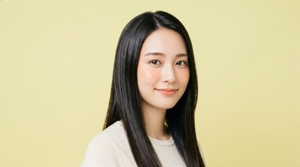 Fototapeta premium Beautiful Japanese Woman with Sleek Hair and Clear Skin on Pastel Yellow Background