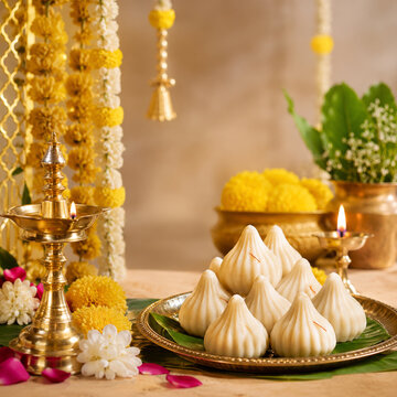 Ganesh Chaturthi Decoration with Modak Sweets Flowers and Brass Lamps