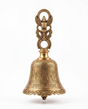 Ornate Brass Hindu Temple Bell With Garuda Handle Isolated On White