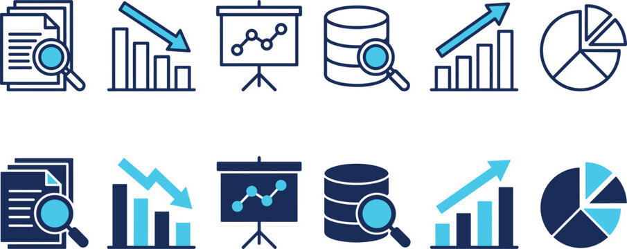 Business audit and data analysis vector line icon set featuring document search market growth chart presentation board database magnifier and pie diagram symbols