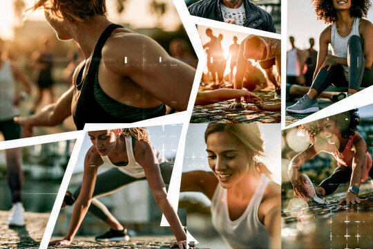 montage of different different people stretching and warming up. before running in a park in a grid formation separated by a white key line creating a dynamic layout