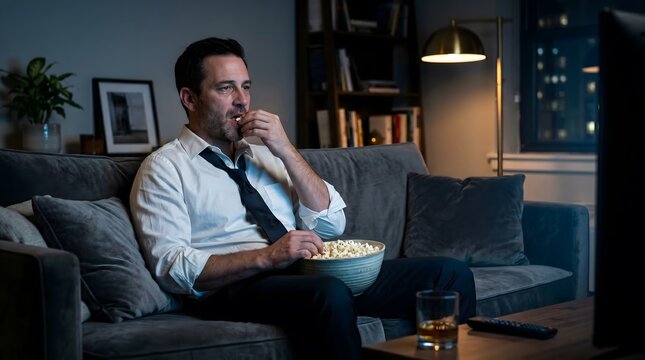 Man in business attire relaxes on sofa with popcorn watching television late at night in a modern living room