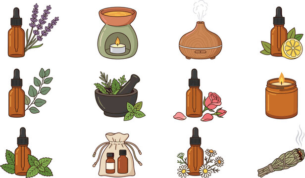 Aromatherapy and essential oils vector doodle set containing brown amber dropper bottles oil burner wooden diffuser mortar pestle herbal pouch candle and smudging sage