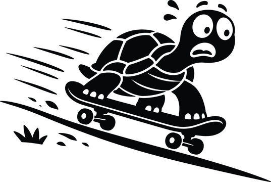Funny cartoon turtle riding a skateboard fast downhill