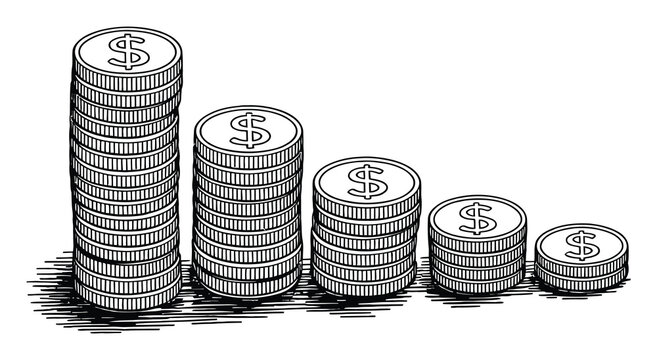 A black and white line showing five stacks of us dollar coins decreasing in height from left to right