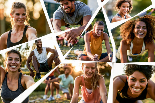 montage of different different people stretching and warming up. before running in a park in a grid formation separated by a white key line creating a dynamic layout