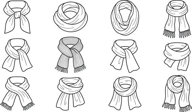 Hand drawn winter scarves outline vector collection containing various knitted scarf styles cozy infinity snood loop wraps knotted neck muffler and warm fringe neckwear set