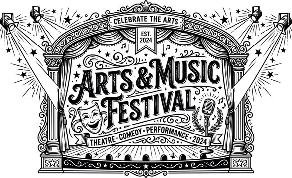 Vintage arts and music festival emblem with microphone and ornamental flourishes