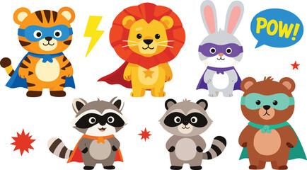 Fototapeta premium Vector illustration of cartoon animals dressed as superheroes representing fun, imagination, and comic themes
