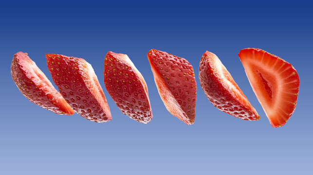 Sliced strawberries floating in midair against a blue background ai generated image
