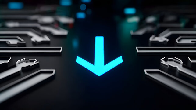 Automated decision flow with glowing blue downward arrow in dark digital interface abstract data process artificial intelligence system workflow analysis network technology direction symbol