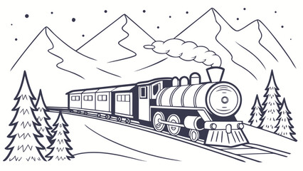 Steam locomotive train traveling through snowy mountains landscape graphic © Khadija