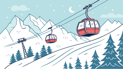 Winter mountain ski resort gondola lift illustration with mountain, transportati © Khadija