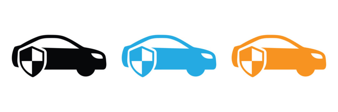 Three colored car icons with shield on white background for protection concept