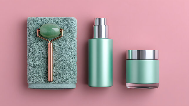 Beauty flat lay with neutral background skincare trio mint bottle mint jar jade roller towel pink background spa cosmetic skincare wellness face care beauty flat lay mint green towel roller bottle