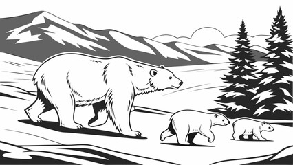 Polar bear mother and two cubs walking in arctic mountain landscape © Khadija