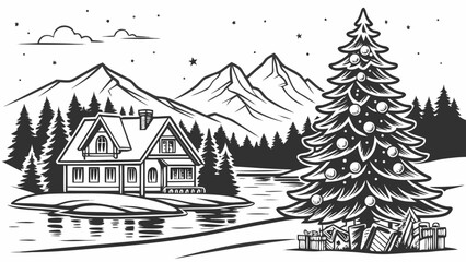 Obraz premium Mountain cabin by frozen lake with christmas tree mountain christmas peaceful