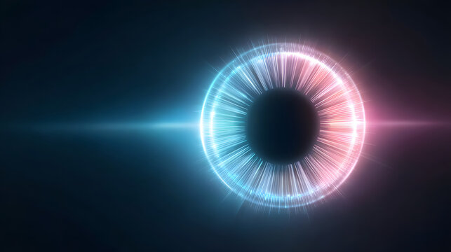 Glowing biometric scanner digital eye futuristic access point abstract ring blue pink light dark background security system cyber technology circular sensor luminous halo
