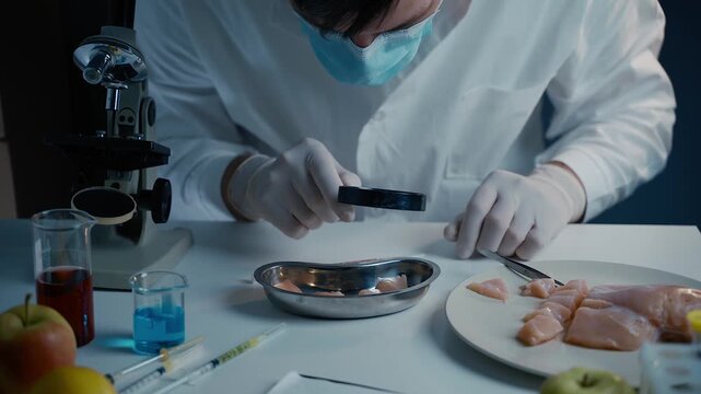 A laboratory technician uses a magnifying glass to inspect raw chicken meat samples for bacteria, with a scientific microscope and chemical beakers in the background.