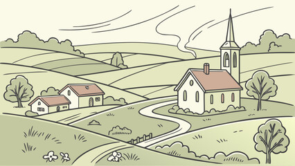 Rustic countryside village landscape graphic illustration with countryside © Golap