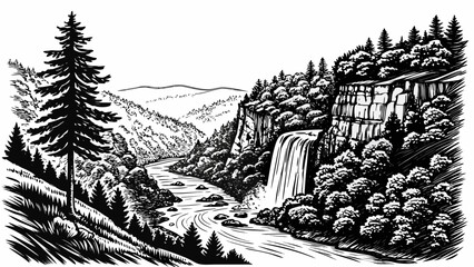 Waterfall cascade in deep forest valley mountain landscape with waterfall © Golap