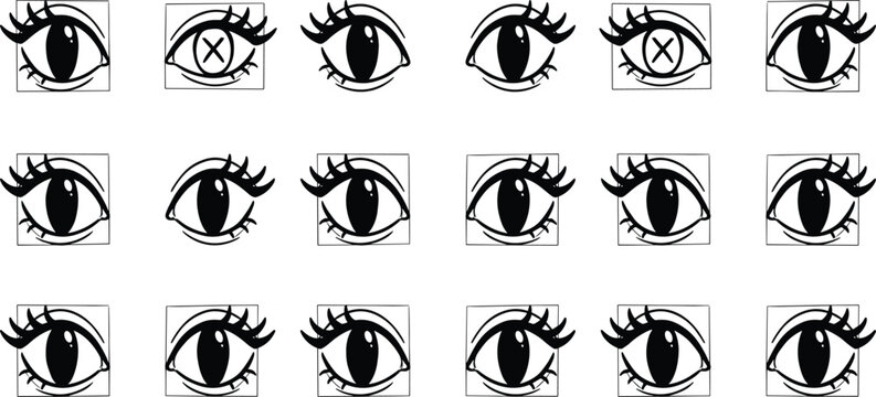Anime manga cartoon style eyes pattern background graphic design black line art vector illustration isolated on white