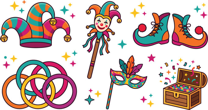 Jester and carnival performance vector illustration collection featuring colorful striped hat clown scepter curled shoes juggling rings masquerade mask and confetti treasure chest