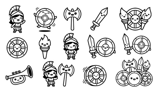 Cute kawaii goddess bellona character vector set with funny cartoon roman helmet and war shield line art for kids