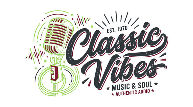 Vintage style microphone logo design for music and radio broadcasting.