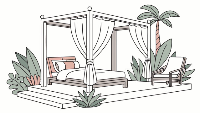 Luxury canopy bed resort furniture vector illustration with furniture, tropical