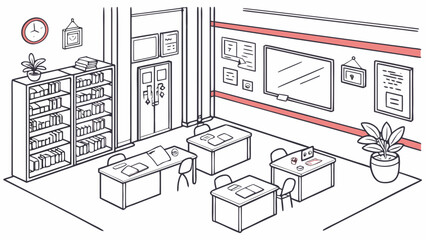 Isometric classroom interior with desks and bookshelves vector illustration © Tasfia