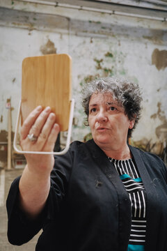 Portrait Woman Holding Wooden Mirror 