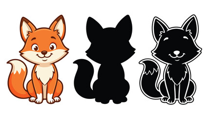 Fototapeta premium Cute fox cartoon character set, orange forest animal illustration with black silhouette and line art versions, 3 vector fox icons for kids