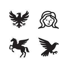 Fototapeta premium Mythological Heraldic Creatures And Woman Profile Black Vector Icon Silhouette Set.