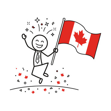 Jubilant stick figure character enthusiastically celebrating Canadian national pride with flag and festive maple leaf confetti
