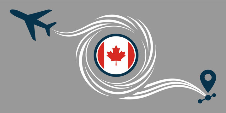 Abstract Illustration of Global Mobility to Canada with Flight Path and Destination Marker