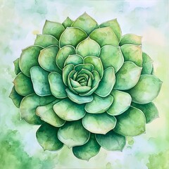 Obraz premium A beautiful watercolor painting of a vibrant green succulent plant with many layered petals, set against a soft, abstract green background