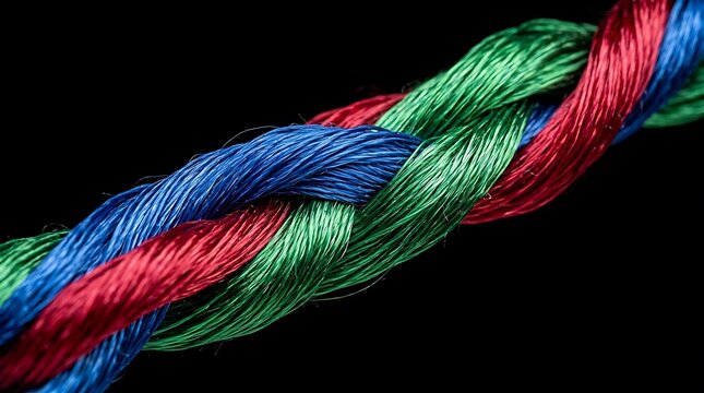 Close up of braided rope made of three vibrant colors including red, green, and blue synthetic yarn