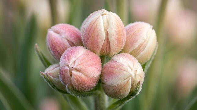 Close up of a cluster of pale pink tulip buds with soft petals and morning dew in a garden setting