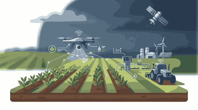 A drone hovers over a field with a tractor and plants connected by technology