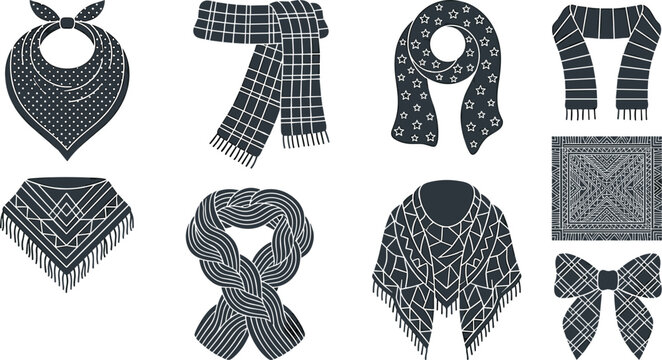 Winter neckwear vector set containing dark textured bandana handkerchief knitted scarf with fringe star pattern muffler tribal shawl fringe.