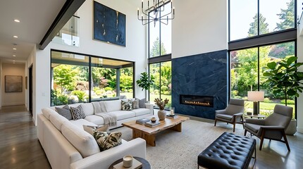 Obraz premium Modern living room with white sofa, blue marble fireplace, and large windows overlooking a garden