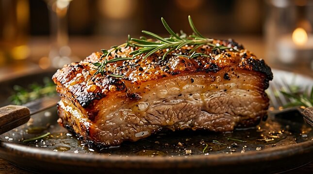 Crispy roasted pork belly with golden crackling skin and fresh rosemary on a dark metal platter
